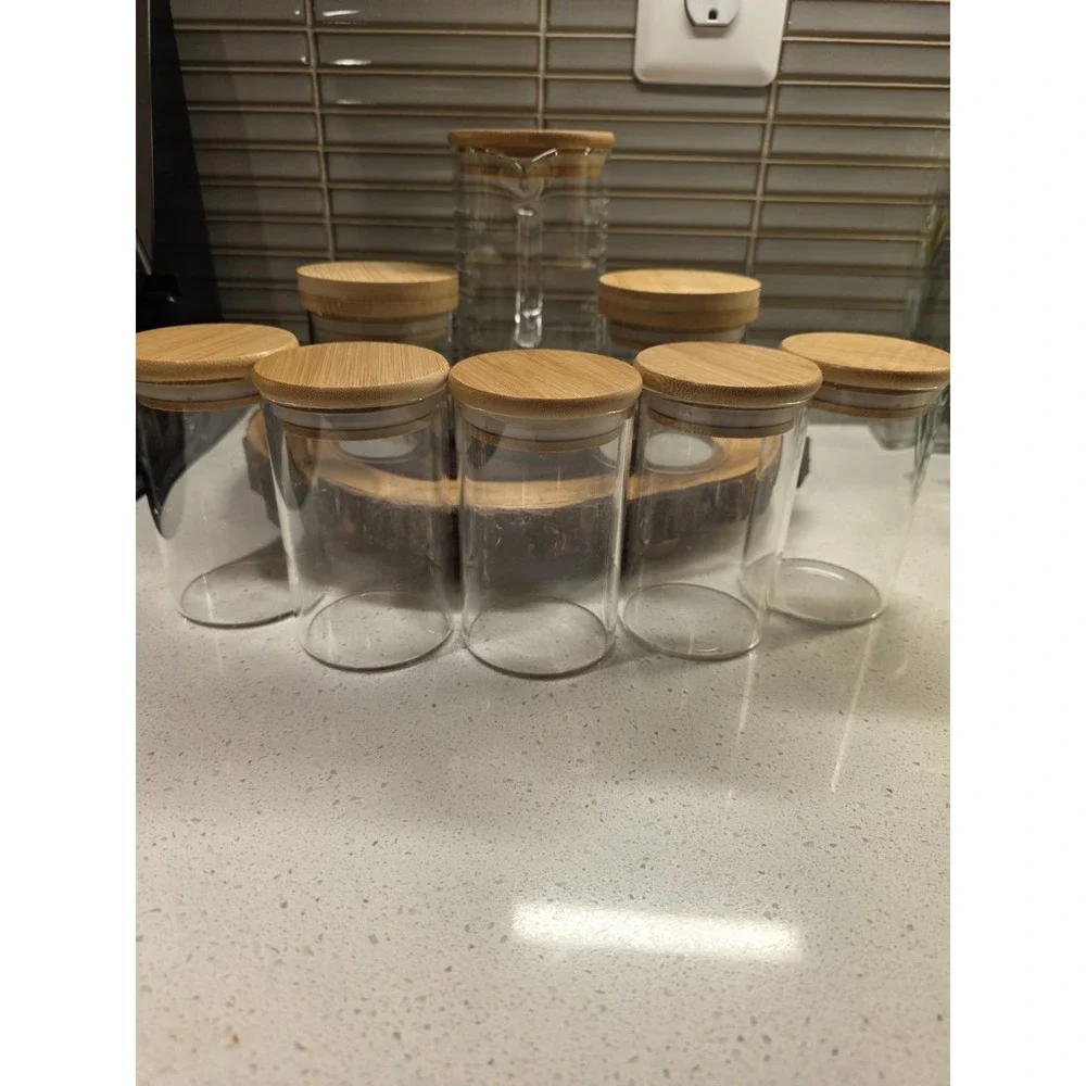 Set of 7 Glass Spice Jars, 1 Measuring Cup Bamboo Airtight Lids